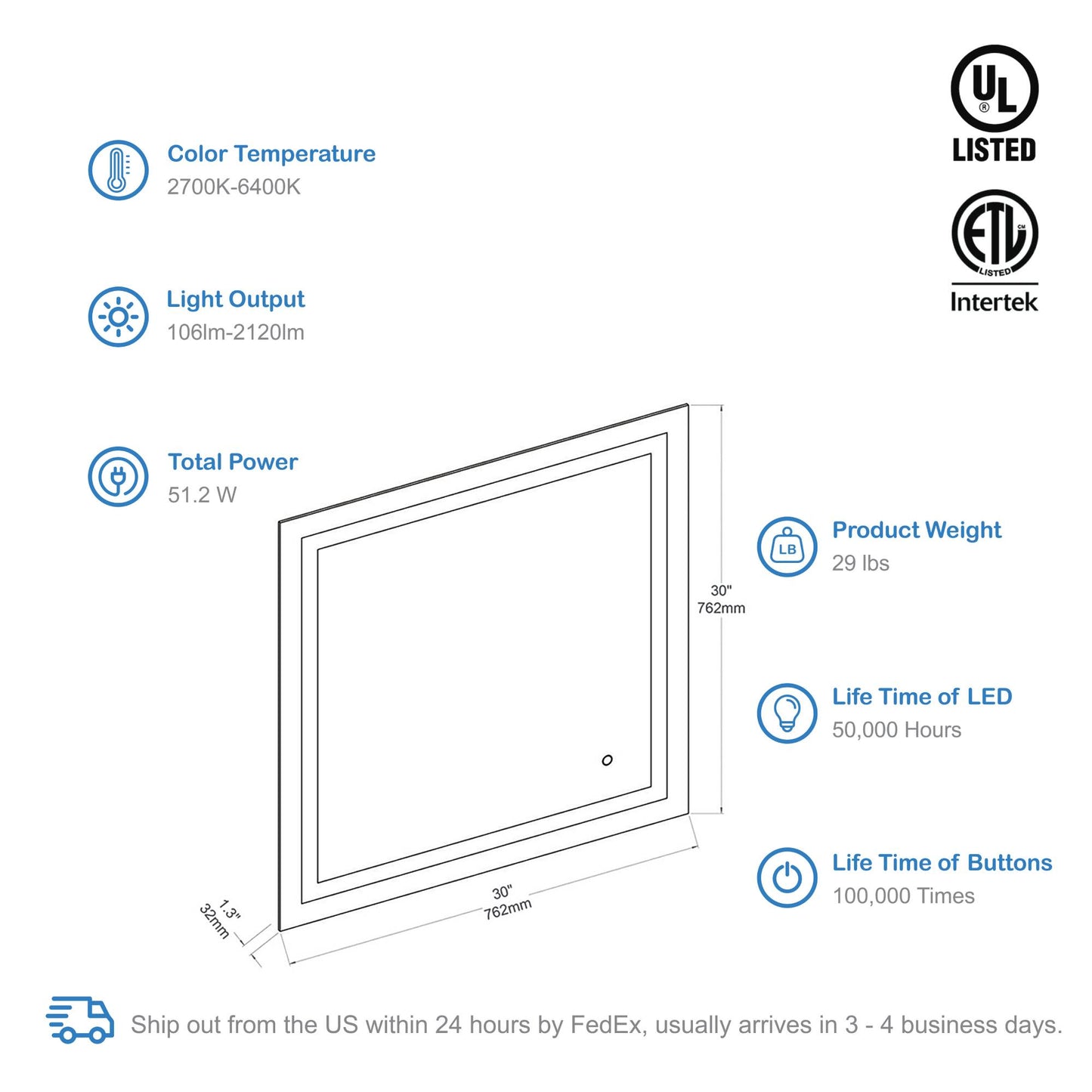 Blossom Lyra 30 x 30 Inch LED Mirror  - LED M8 3030